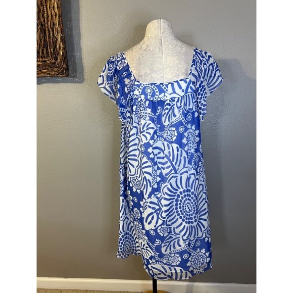 Anthropologie Tibi Silk Dress 6 Blue Ivory Short Sleeve Relaxed Fit Shift Flowy - Picture 9 of 15